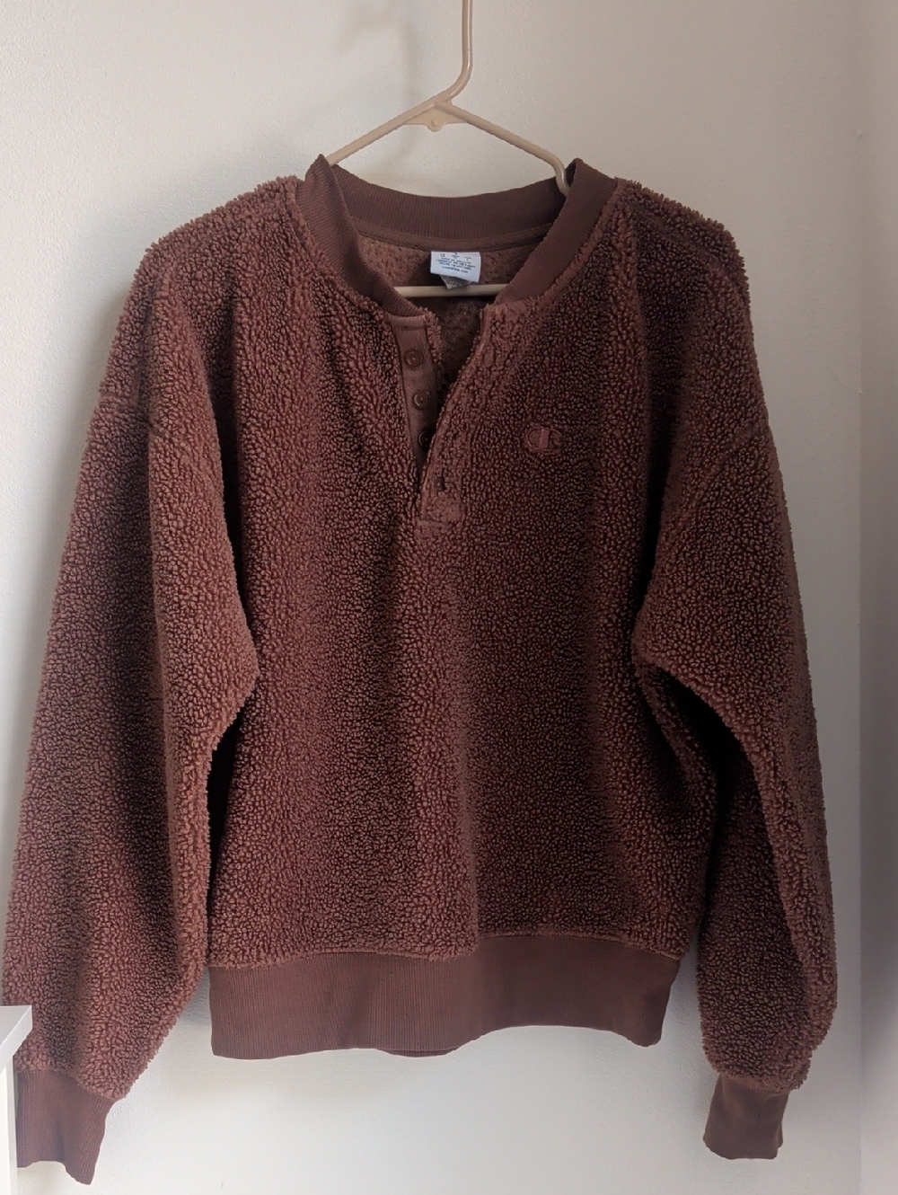 Champion UO Exclusive Teddy Fleece Henley Sweatshirt Brown Size Small